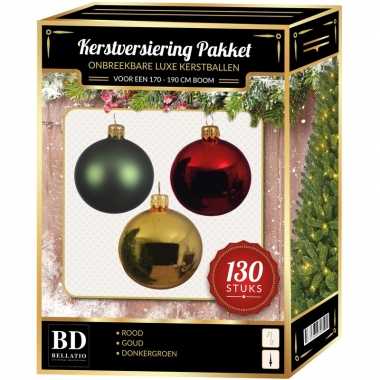 Kerstboom kerstbal en piek set 130x goud-donkergroen-rood voor 180 cm versiering