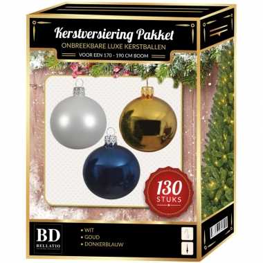 Kerstboom kerstbal en piek set 130x goud-wit-blauw voor 180 cm boom versiering