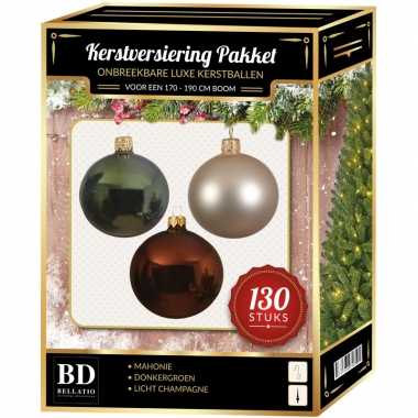 Kerstboom kerstbal en piek set 130x parel-bruin-groen voor 180 cm boom versiering