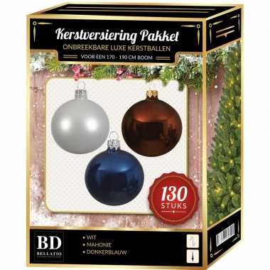 Kerstboom kerstbal en piek set 130x wit-bruin-blauw voor 180 cm boom versiering
