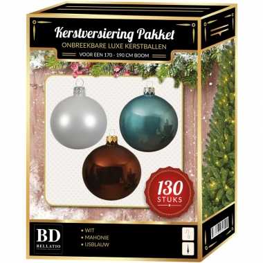 Kerstboom kerstbal en piek set 130x wit-mahonie-blauw voor 180 cm boom versiering