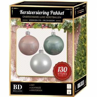 Kerstboom kerstbal en piek set 130x wit-mintgroen-lichtroze voor 180 cm bo versiering