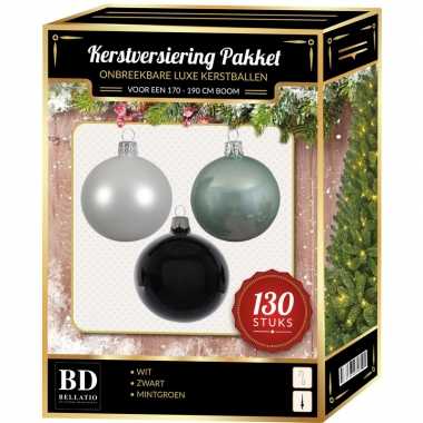 Kerstboom kerstbal en piek set 130x wit-mintgroen-zwart voor 180 cm boom versiering