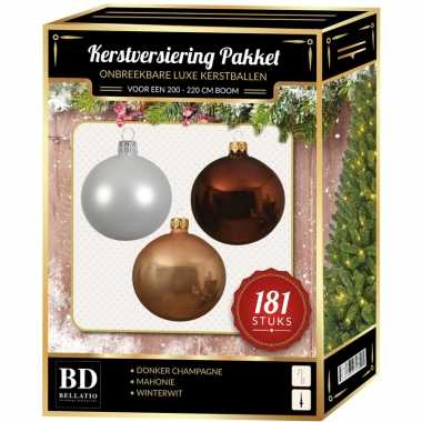 Kerstboom kerstbal en piek set 181x champagne-wit-bruin voor 210 cm boom versiering