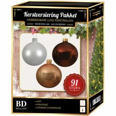 Kerstboom kerstbal en piek set 91x champagne-wit-bruin voor 150 cm boom versiering