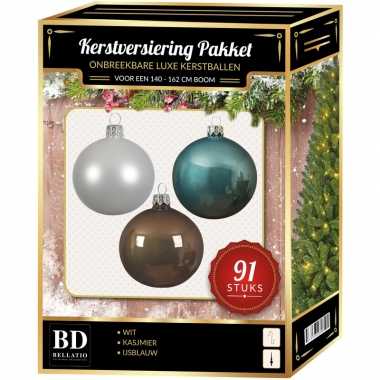 Kerstboom kerstbal en piek set 91x wit-bruin-ijsblauw voor 150 cm boom versiering