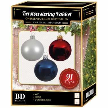 Kerstboom kerstbal en piek set 91x wit-donkerblauw-rood voor 150 cm boom versiering