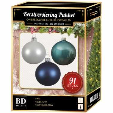 Kerstboom kerstbal en piek set 91x wit-ijsblauw-blauw voor 150 cm boom versiering