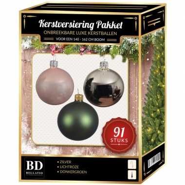 Kerstboom kerstbal en piek set 91x zilver-groen-roze voor 150 cm boom versiering
