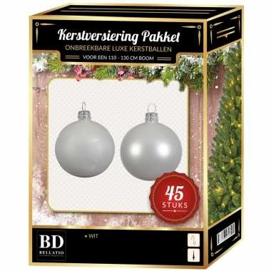 Kerstboom kerstbal en ster piek set 45x winter wit voor 120 cm boom versiering