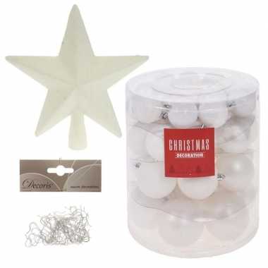 Kerstboom kerstbal en ster piek set 45x wit voor 120 cm boom versiering