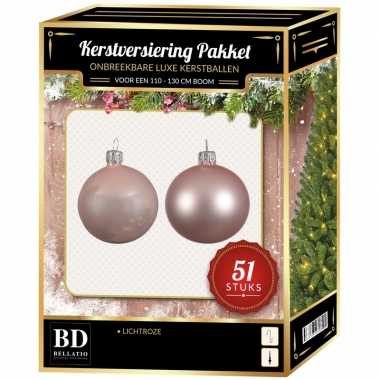 Kerstboom kerstbal en ster piek set 51x lichtroze voor 120 cm boom versiering