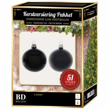 Kerstboom kerstbal en ster piek set 51x zwart voor 120 cm boom versiering