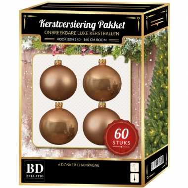 Kerstboom kerstbal en ster piek set 60x donker parel/champagne voor 150 cm versiering