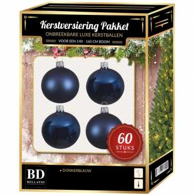 Kerstboom kerstbal en ster piek set 60x donkerblauw voor 150 cm boom versiering