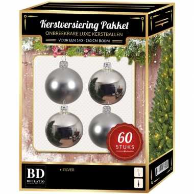 Kerstboom kerstbal en ster piek set 60x zilver voor 150 cm boom versiering
