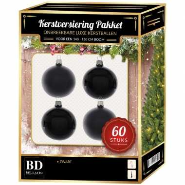 Kerstboom kerstbal en ster piek set 60x zwart voor 150 cm boom versiering