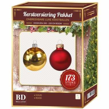 Kerstboom kerstballen en piek set 173-dlg kunststof- 210 cm boom rood/goud versiering