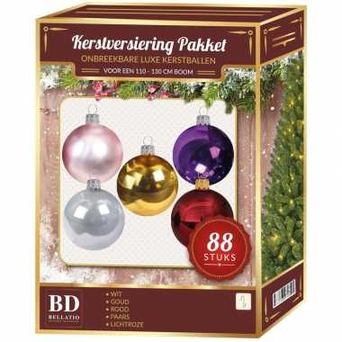 Kerstboom kerstballen set kunststof 88-delig voor 120 cm boom gekleurd versiering
