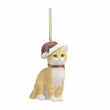 Kerstboom kersthangers beige katten met kerstmuts 9 cm kerstversiering