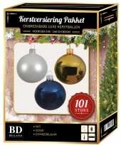 Kerstboom 101 stuks kerstballen mix wit goud donkerblauw voor 150 cm boom versiering
