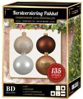 Kerstboom 135 stuks kerstballen mix champagne wit bruin voor 180 cm boom versiering