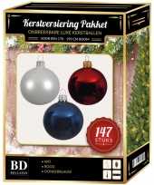 Kerstboom 147 stuks kerstballen mix wit donkerblauw rood voor 180 cm boom versiering