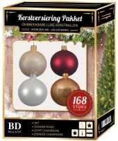 Kerstboom 168x kerstballen mix champagne wit donkerrood voor 210 cm boom versiering