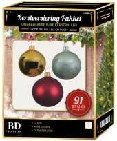 Kerstboom 91 stuks kerstballen mix goud donkerrood mint voor 150 cm boom versiering