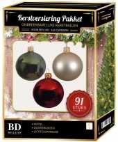 Kerstboom 91 stuks kerstballen mix parel donkergroen rood voor 150 cm boom versiering