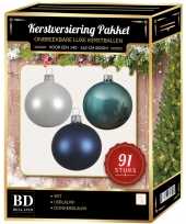 Kerstboom 91 stuks kerstballen mix wit ijsblauw blauw voor 150 cm boom versiering