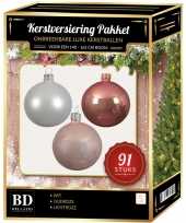 Kerstboom 91 stuks kerstballen mix wit lichtroze oud roze voor 150 cm boom versiering