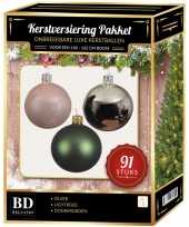 Kerstboom 91 stuks kerstballen mix zilver groen lichtroze voor 150 cm boom versiering