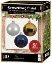 Kerstboom kerstbal en piek set 91x wit goud blauw voor 150 cm boom versiering