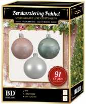 Kerstboom kerstbal en piek set 91x wit mint lichtroze voor 150 cm boom versiering