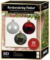 Kerstboom kerstbal en piek set 91x wit rood donkergroen voor 150 cm boom versiering