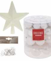 Kerstboom kerstbal en ster piek set 45x wit voor 120 cm boom versiering